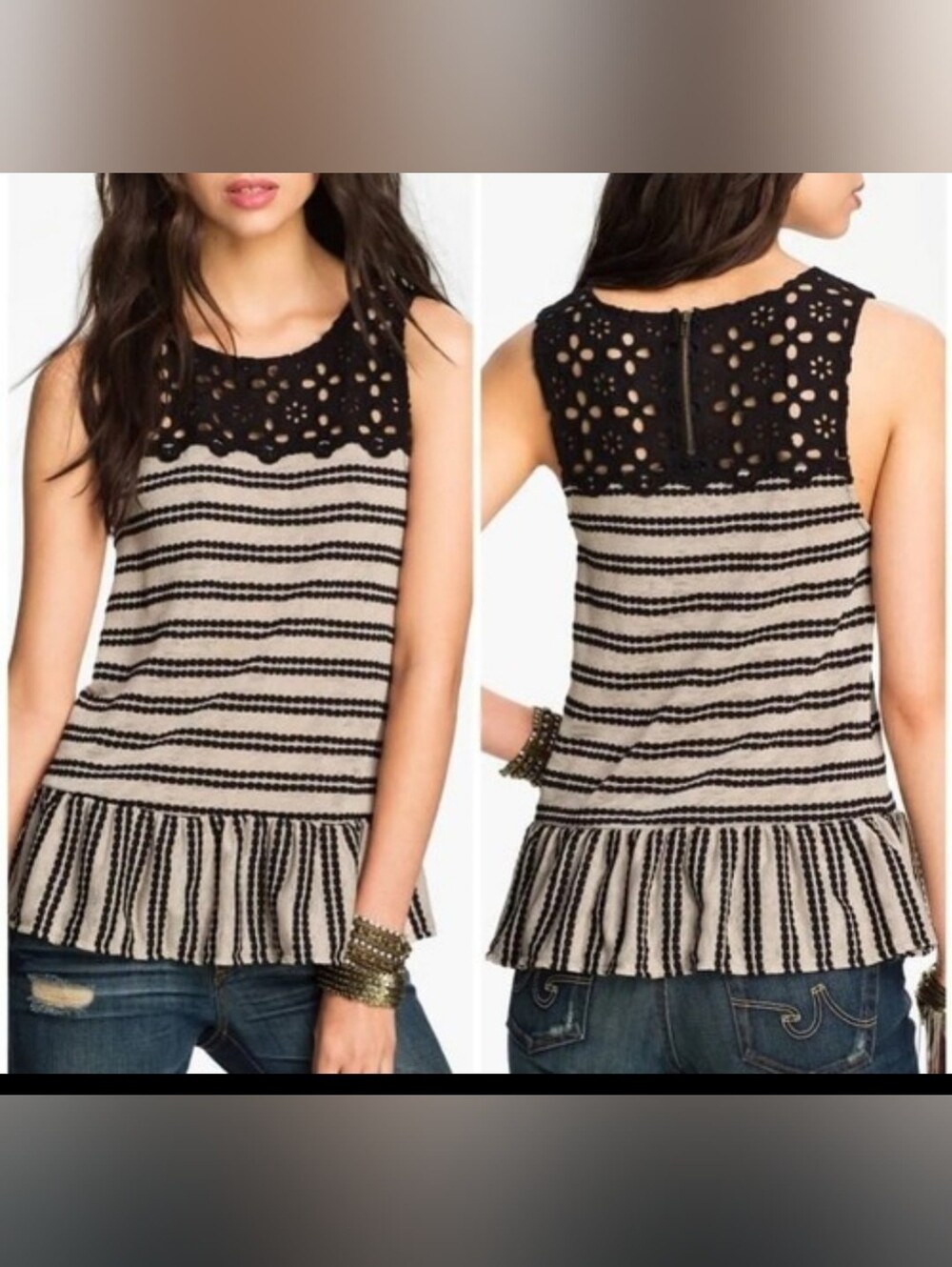 Free People Molly Retro Peplum Tank XS Black Tan Eyelet Striped Boho